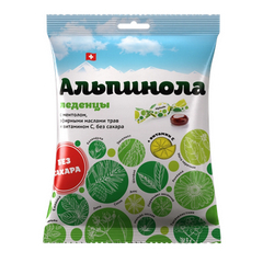 АЛЬПИНОЛА ЛЕДЕНЦЫ МЕНТОЛ, ЭФИРНЫЕ МАСЛА ТРАВ, ВИТ С Б/САХАРА 75Г