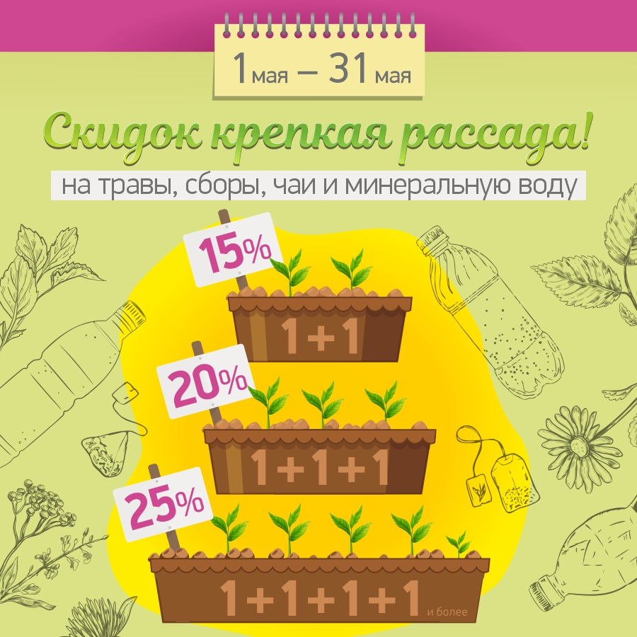 Скидки на травы, чаи и минеральную воду до -25%! При покупке 2-х единиц -15%, 3-х единиц -20%, 4-х и более единиц -25%! Скидки на травы, чаи и минеральную воду до -25%! При покупке 2-х единиц -15%, 3-х единиц -20%, 4-х и более единиц -25%!